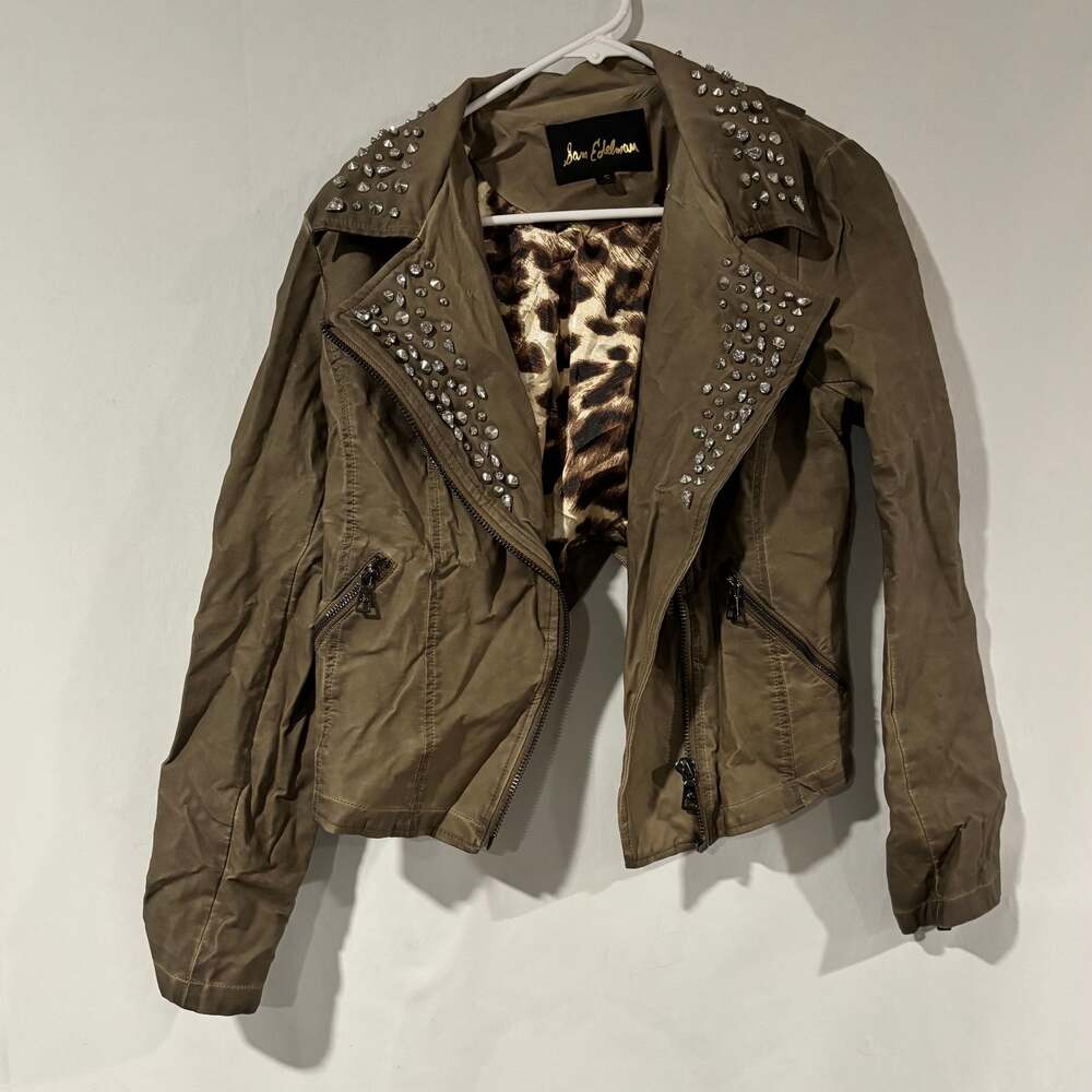 Sam Edelman Womens Bling Moto Jacket Size M Olive Faux Leather Rhinestone Studs